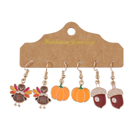 3 Pairs Turkey & Pumpkin & Pine Cone Alloy Enamel Dangle Earrings Set for Thanksgiving Outfit WX6718-1-1