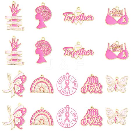 18Pcs 9 Styles Breast Cancer Awareness Ribbon Zinc Alloy Enamel Pendants ENAM-FS0004-45-1