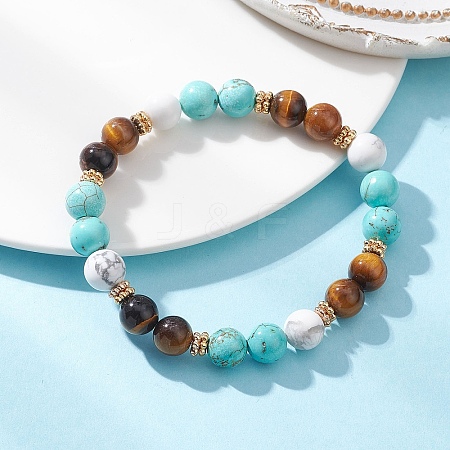 Natural Tiger Eye & Synthetic Turquoise Round Beads Stretch Bracelets for Women BJEW-TA00698-1