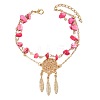 Plastic Imitation Gemstone Chip Beaded Alloy Woven Web/Net with Feather Double Layer Anklets for Women FS-WG3D403-03-2