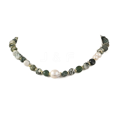 Natural Tree Agate Nuggets & Freshwater Pearl Potato Beaded Necklaces for Women NJEW-JN06488-1
