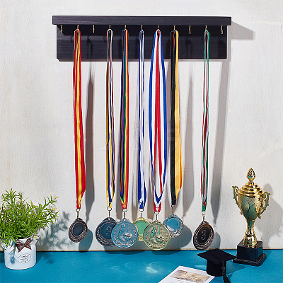 Rectangle Pine Wood Wall Mounted Jewelry Display Stands with 24Pcs Golden Tone Metal Hooks ODIS-WH0038-271-1