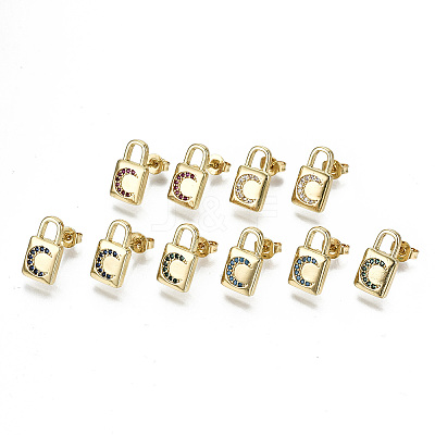 Brass Micro Pave Cubic Zirconia Padlock Stud Earrings EJEW-N011-27-NF-1
