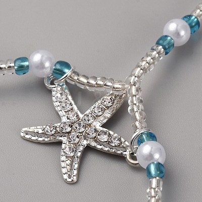 Bohemian Alloy Starfish Charm Glass Seed Beads and Plastic Imitation Pearl Beaded Toe Ring Stretch Anklets for Women AJEW-WH0270-834A-1