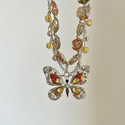 Brass Rhinestone Butterfly Pendant Rose Flower Glass Beaded Double Layer Necklaces for Women WG13E12-01-1