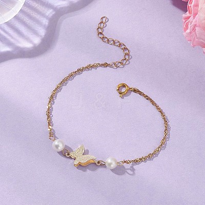Brass Charms and Natural Cultured Freshwater Pearl Link Bracelets BJEW-JB13126-1
