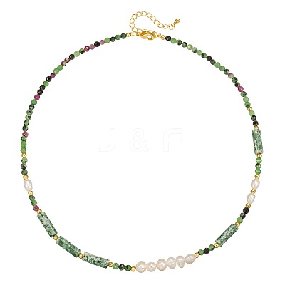Faceted Round Natural Ruby in Zoisite & Column Green Spot Jasper & Freshwater Pearl Beaded Necklaces & Bracelets Sets for Women ZI1839-3-1