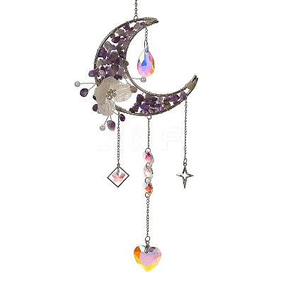 Flower Moon Metal & Natural Amethyst Chips Hanging Suncatcher GG-CBAB970-03B-1