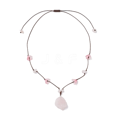 Raw Rough Natural Stone Nuggets Pendant with Handmade Lampwork Flower Adjustable Waxed Polyester Cord Necklaces for Women NJEW-TA00210-02-1