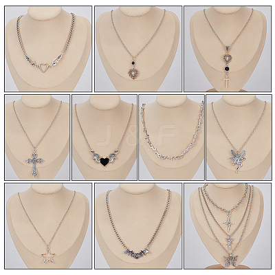 12Pcs 12 Style Heart & Cross & Butterfly & Bat Alloy Enamel Pendant Necklaces Set with Rhinestone NJEW-FI0001-03-1