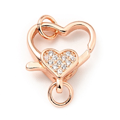 Brass Micro Pave Clear Cubic Zirconia Heart Lobster Claw Clasps KK-G416-35RG-1