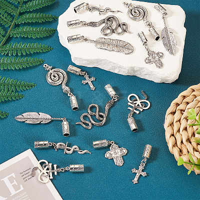 16Pcs 8 Styles Tibetan Style Alloy Cord Ends with Pendants FIND-TA0004-20-1