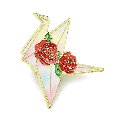 Paper Crane & Rose Flower Alloy Enamel Pin Backs for Clothes for Women JEWB-F043-02A-1