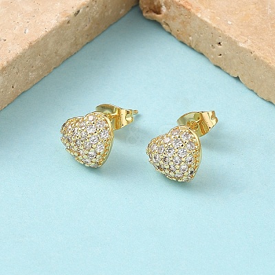 Heart Brass Micro Pave Clear Cubic Zirconia Stud Earrings EJEW-Z144-07G-1