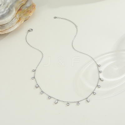 304 Stainless Steel Pave Clear Cubic Zirconia Oval Flat Round Tassel Bib Necklaces for Women NJEW-T020-01P-1