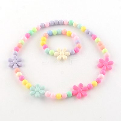 Flower Acrylic Pendant Necklaces and Stretch Bracelets Jewelry Sets X-SJEW-R048-05-1