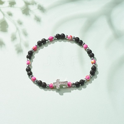 Natural & Synthetic Mixed Gemstone Beaded Stretch Bracelet with Clear Cubic Zirconia Cross for Women BJEW-JB08247-04-1