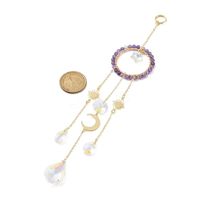 Natural Amethyst Woven Net/Web with Feather Window Hanging Suncatchers HJEW-JM00852-03-1