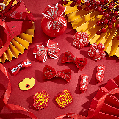 Chinese New Year Bowknot Flower Cloth Alligator Hair Clips Set OHAR-WH0021-31D-1