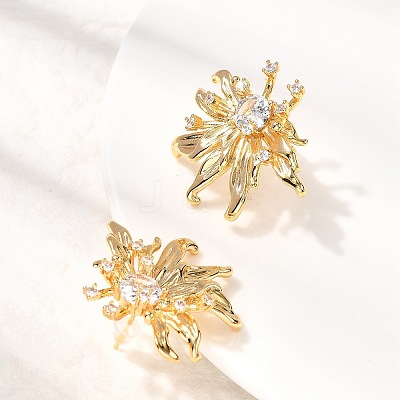 Flower Brass Micro Pave Cubic Zirconia Stud Earrings EJEW-B148-08B-G-1