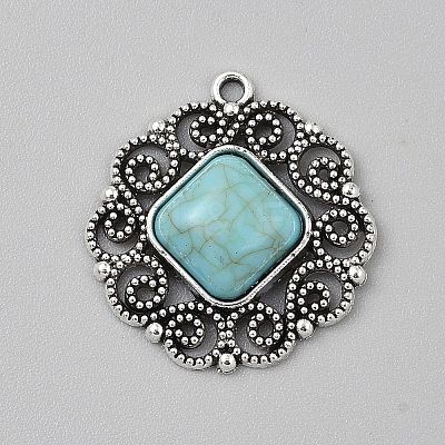 Tibetan Style Alloy Pave Synthetic Turquoise Pendants PALLOY-CJC0025-01AS-F-1