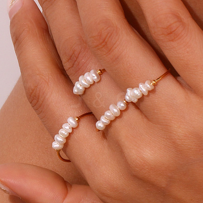 Nuggets Stainless Steel & Natural Freshwater Pearl Beads Finger Rings WG1BE4A-06-1