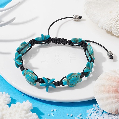 Synthetic Turquoise Starfish & Turtle Braided Bead Bracelet BJEW-TA00388-01-1
