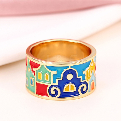 House Pattern Brass Enamel Finger Rings FS-WG03239-02-1