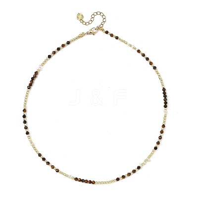 Natural Tiger Eye Faceted Round & Round Electroplate Synthetic Non-magnetic Hematite & Natural Pearl Beaded Necklaces NJEW-JN06549-01-1