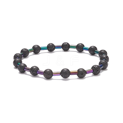 Natural Lava Rock Round & Glass Column Beaded Stretch Bracelet BJEW-JB08623-1