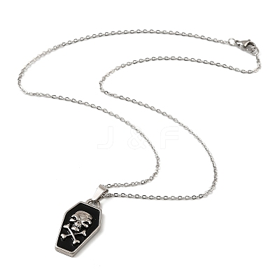 Halloween Theme 304 Stainless Steel Black Enamel Coffin with Skull Pendant Necklaces for Men NJEW-Z090-01P-1