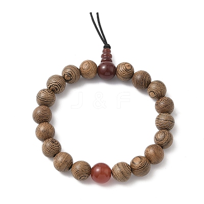 2Pcs 2 Styles Natural Carnelian & Wood Round Beaded Stretch Bracelets Sets for Men Women BJEW-JB12346-1