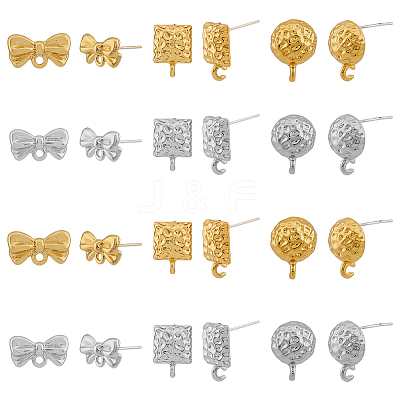 48Pcs 6 Style Half Round & Bowknot & Rectangle Alloy Stud Earring Findings FIND-DC0003-22-1