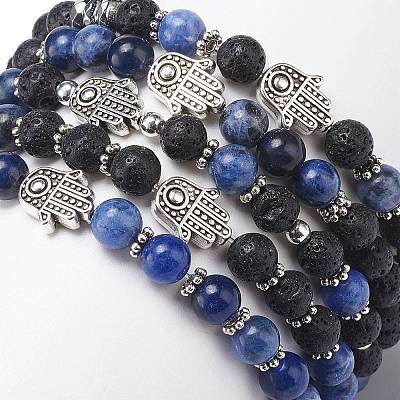 5Pcs 5 Style Natural Lava Rock & Sodalite Stretch Bracelets Set with Alloy Hamsa Hand Beaded BJEW-JB08737-1