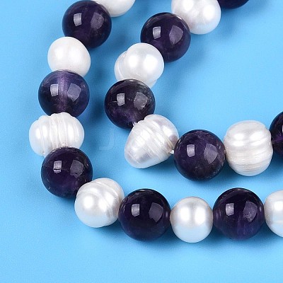 Natural Amethyst Round & Natural Cultured Freshwater Pearl Grooved Potato Beads Strands PEAR-N019-11-1