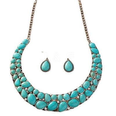 Teardrop Synthetic Turquoise Pendant Necklaces & Dangle Earrings Sets FS-WGC94F7-01-1