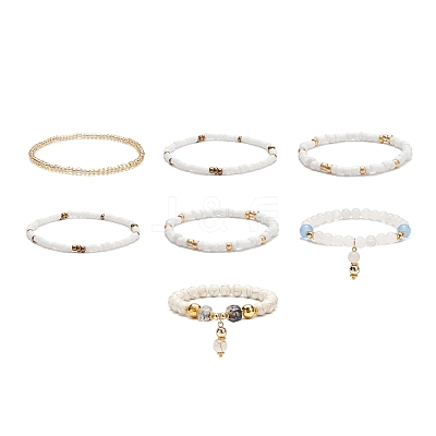 7Pcs 7 Style Natural Dyed Malaysia Jade & Agate & Glass Seed Beaded Stretch Bracelets Set BJEW-JB08892-02-1
