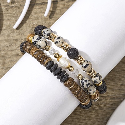3Pcs 3 Style Natural Lava Rock & Dalmation Jasper & Coconut Beaded Stretch Bracelets Set BJEW-JB09810-1