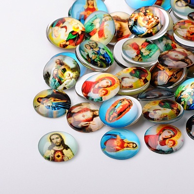 Jesus and the Virgin Printed Glass Half Round/Dome Cabochons X-GGLA-N004-25mm-A-1