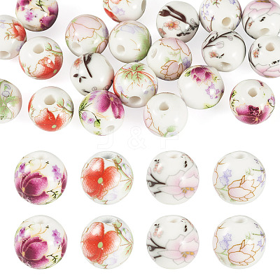 24Pcs 4 Colors Handmade Flower Printed Porcelain Ceramic Beads PORC-TADJ0001-07-1