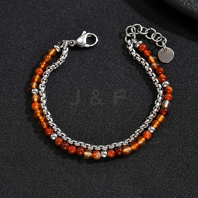 Natural Carnelian Round Beaded 2-Strand Bracelets with 201 Stainless Steel Box Chains for Men Women EI8345-2-1