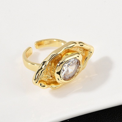 Brass Pave Cubic Zirconia Adjustable Open Cuff Rings for Women RJEW-R032-01G-1