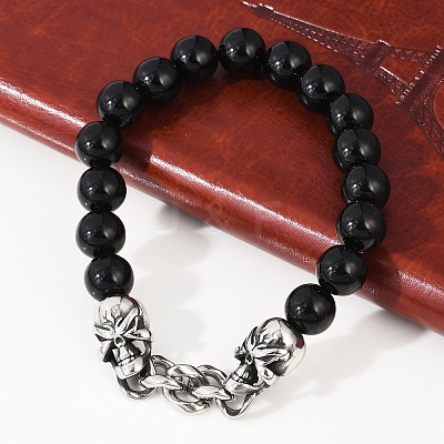 Punk Style Skull 304 Stainless Steel Glass Beads Bracelets for Women Men BJEW-D304-04AS-01-1