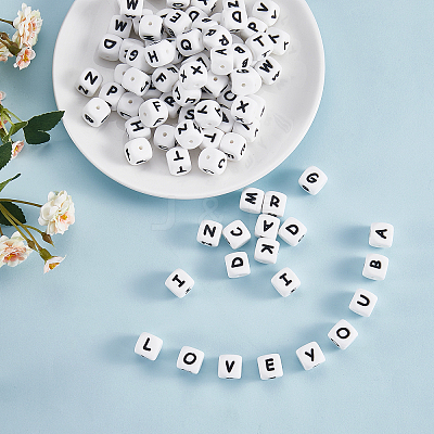 20Pcs White Cube Letter Silicone Beads 12x12x12mm Square Dice Alphabet Beads with 2mm Hole Spacer Loose Letter Beads for Bracelet Necklace Jewelry Making JX432N-1