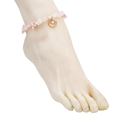 Zinc Alloy Enamel Shell Shape Charm Round Shell Pearl & Dyed Synthetic Turquoise Starfish & Natural Rose Quartz Chip Beaded Anklets AJEW-AN00735-03-1