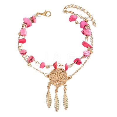 Plastic Imitation Gemstone Chip Beaded Alloy Woven Web/Net with Feather Double Layer Anklets for Women FS-WG3D403-03-1