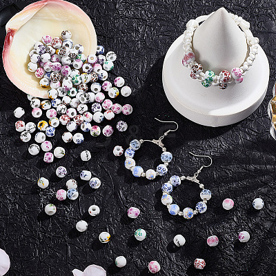 180Pcs Floral Printed Porcelain Beads PORC-LT0001-09-1