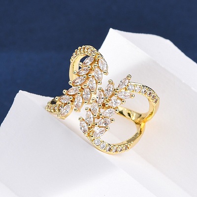 Brass Micro Pave Clear Cubic Zirconia Cuff Rings for Women RJEW-U047-02G-1
