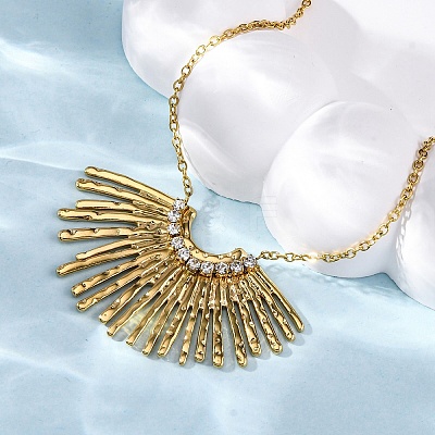 304 Stainless Steel Crystal Rhinestone Fan Pendant Necklaces for Women NJEW-U032-03G-1