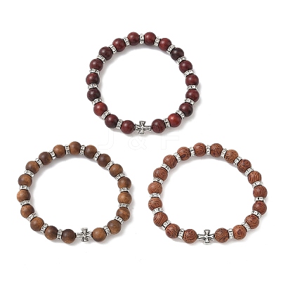 3Pcs 3 Colors Natural Wood Round Beadeed Stretch Bracelets Sets for Men Women BJEW-JB12355-1